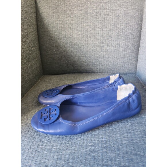 Tory Burch "Minnie" Travel Ballet Flats Dark Blue Leather Size 10 - Picture 3 of 12